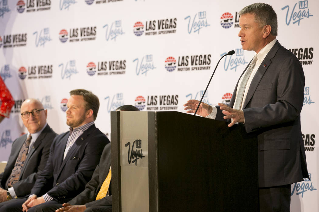 General manager of the Las Vegas Motor Speedway Chris Powel addresses members of the media during a press conference at Cashman Center on Wednesday, March 8, 2017, in Las Vegas. It was announced t ...