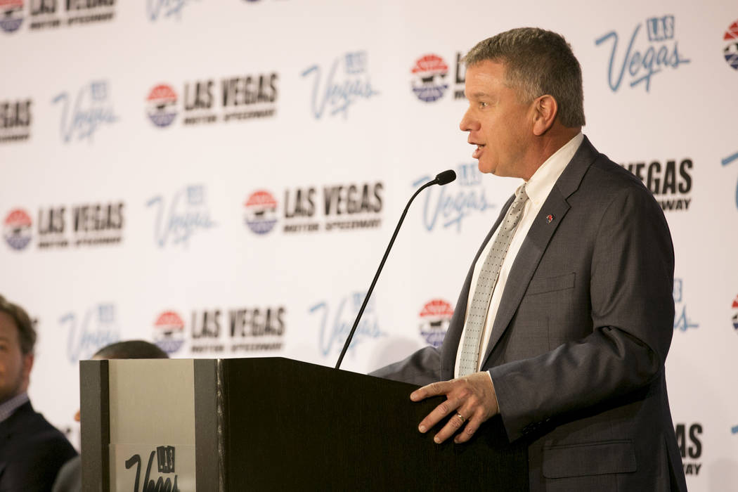 General manager of the Las Vegas Motor Speedway Chris Powel addresses members of the media during a press conference at Cashman Center on Wednesday, March 8, 2017, in Las Vegas. It was announced t ...