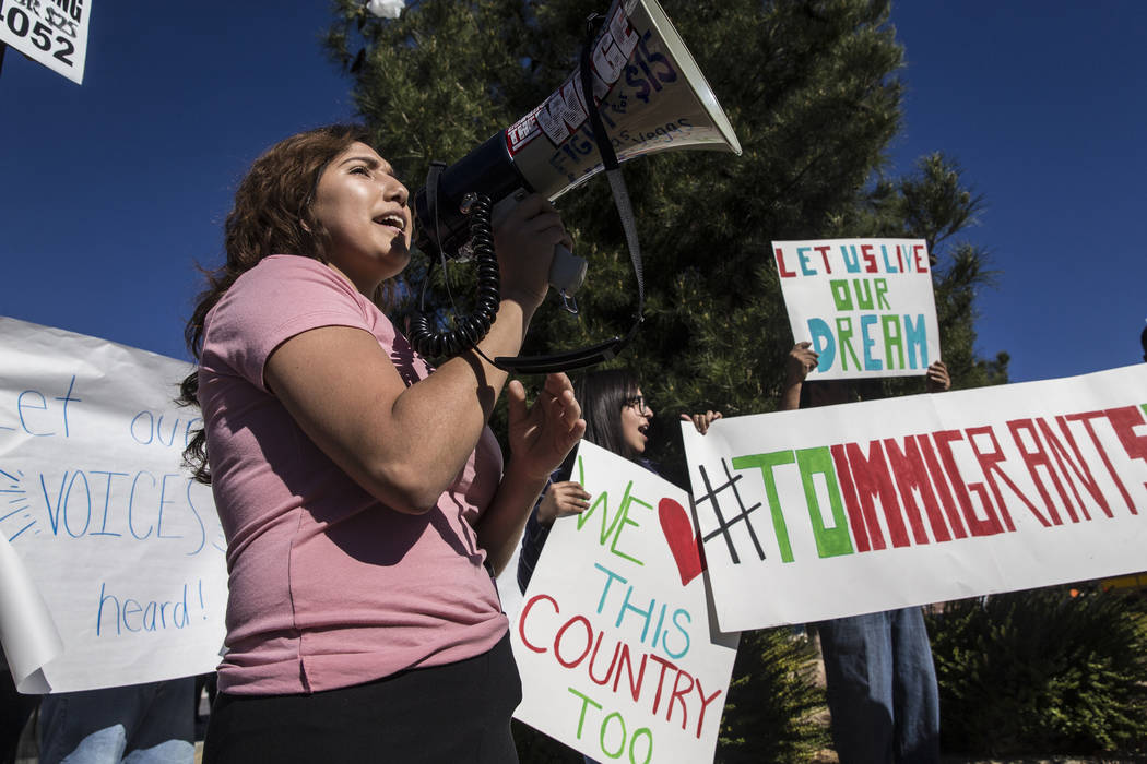 Joanna Conchas, left, speaks during a student rally in support of the BRIDGE Act on Tuesday, March 7, 2017, outside Rancho High School, in Las Vegas. The BRIDGE Act would provide Dreamers with a w ...