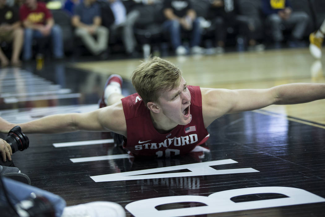 Stanford Cardinal forward Michael Humphrey (10) reacts after not getting a foul call against Arizona State Sun Devils in the Pac-12 Men's Basketball Tournament game at T-Mobile Arena on Wednesday, ...
