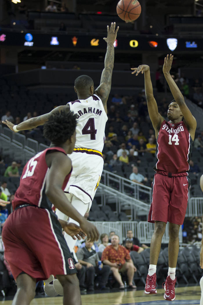 Stanford Cardinal guard Marcus Sheffield (14) shoots the ball against Arizona State Sun Devils guard Torian Graham (4) in the Pac-12 Men's Basketball Tournament game at T-Mobile Arena on Wednesday ...