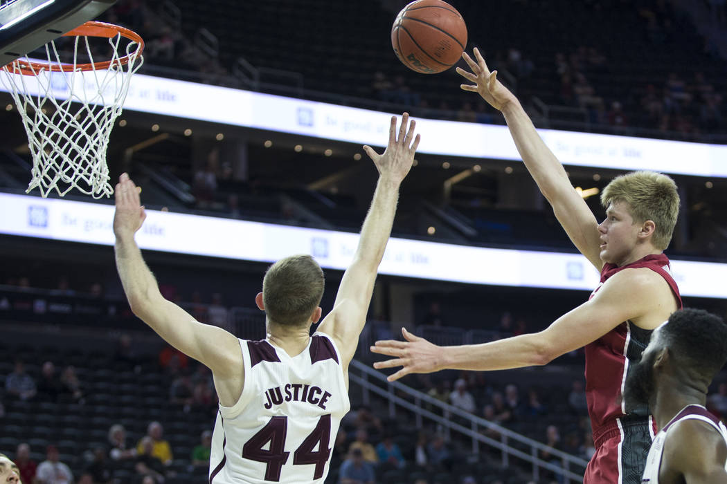 Stanford Cardinal forward Michael Humphrey (10) shoots the ball against Arizona State Sun Devils guard Kodi Justice (44) in the Pac-12 Men's Basketball Tournament game at T-Mobile Arena on Wednesd ...