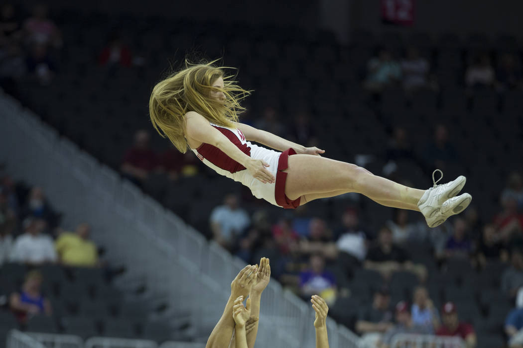 Stanford Cardinal cheerleaders perform during the Pac-12 Men's Basketball Tournament game between Stanford and Arizona State Sun Devils at T-Mobile Arena on Wednesday, March 8, 2017, in Las Vegas. ...