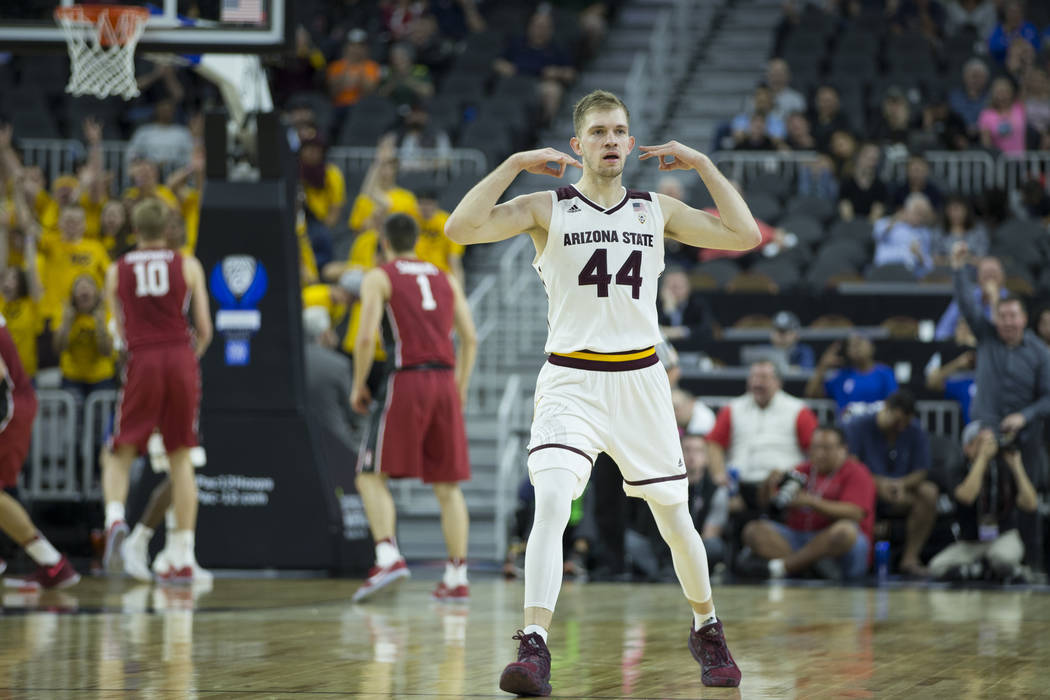 Arizona State Sun Devils guard Kodi Justice (44) reacts after scoring a basket against Stanford Cardinal in the Pac-12 Men's Basketball Tournament game at T-Mobile Arena on Wednesday, March 8, 201 ...
