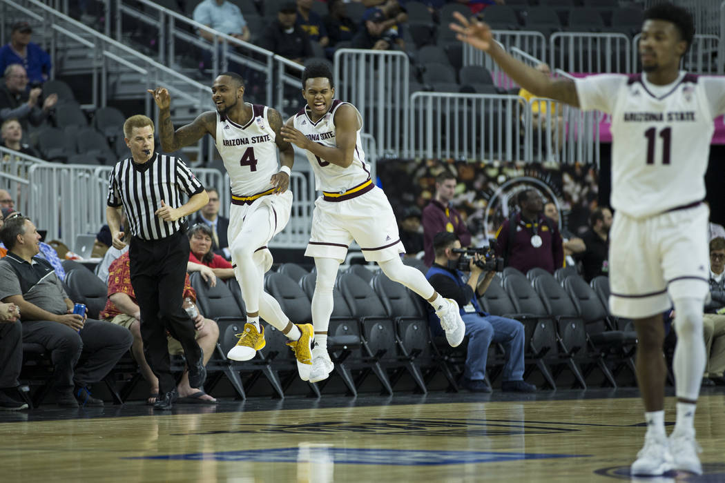 Arizona State Sun Devils guard Torian Graham (4) reacts after scoring a three-point shot against Stanford Cardinal in the Pac-12 Men's Basketball Tournament game at T-Mobile Arena on Wednesday, Ma ...