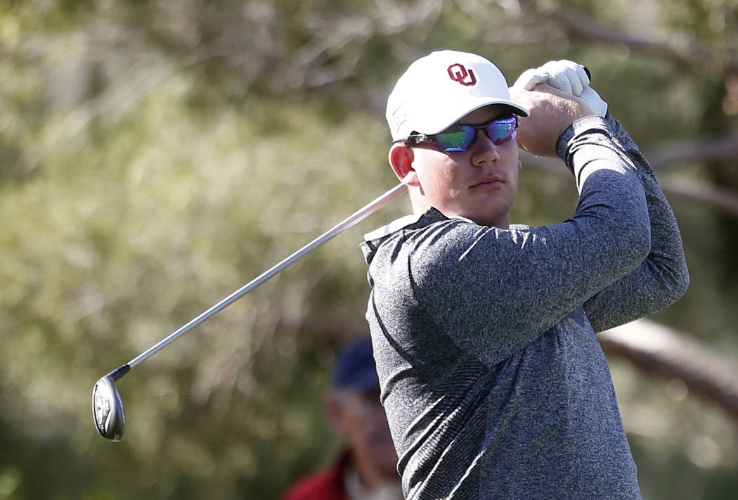 University of Oklahoma's Riley Casey watches his drive during the Southern Highlands Collegiate Masters Golf Tournament on Wednesday, March 8, 2017, in Las Vegas. (Bizuayehu Tesfaye/Las Vegas Revi ...