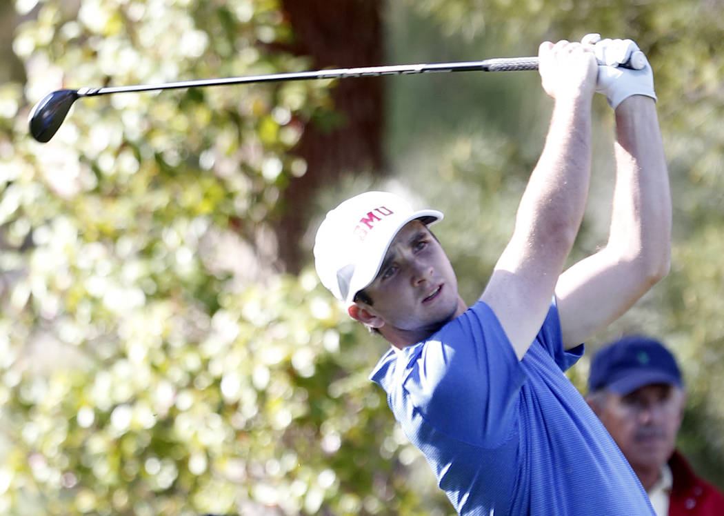 SMU's Daniel Connolly watches his drive during the Southern Highlands Collegiate Masters Golf Tournament on Wednesday, March 8, 2017, in Las Vegas. (Bizuayehu Tesfaye/Las Vegas Review-Journal) @bi ...