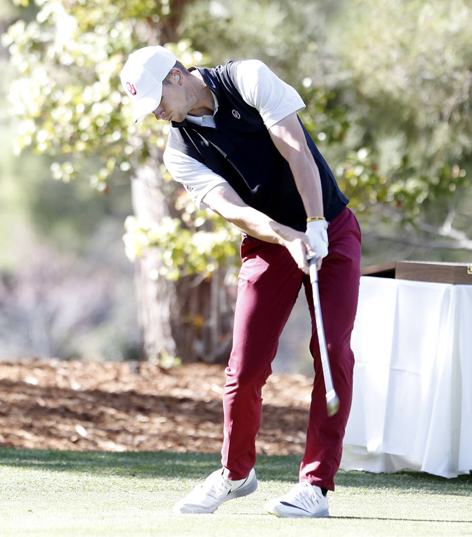 University of Oklahoma's Rylee Reinertson hits his tee drive during the Southern Highlands Collegiate Masters Golf Tournament on Wednesday, March 8, 2017, in Las Vegas. (Bizuayehu Tesfaye/Las Vega ...