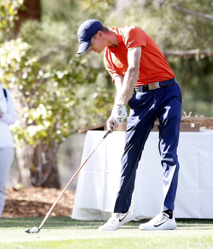 University of Illinois' Michael Feagles hits his tee drive during the Southern Highlands Collegiate Masters Golf Tournament on Wednesday, March 8, 2017, in Las Vegas.  (Bizuayehu Tesfaye/Las Vegas ...