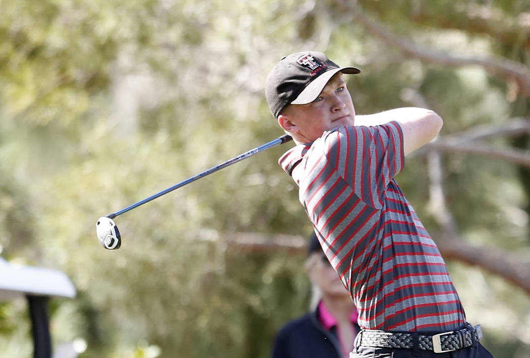 Texas Tech's Sandy Scott watches his drive during the Southern Highlands Collegiate Masters Golf Tournament on Wednesday, March 8, 2017, in Las Vegas. (Bizuayehu Tesfaye/Las Vegas Review-Journal)  ...