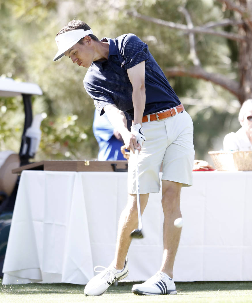 Pepperdine's Hunter Epson watches his drive during the Southern Highlands Collegiate Masters Golf Tournament on Wednesday, March 8, 2017, in Las Vegas. (Bizuayehu Tesfaye/Las Vegas Review-Journal) ...