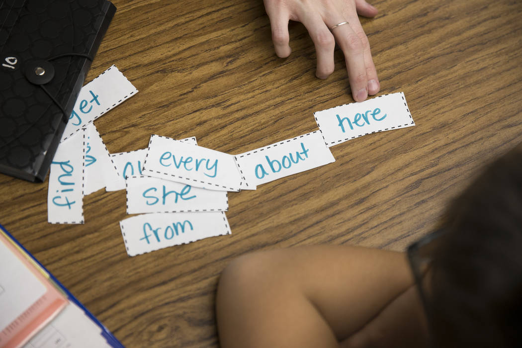 Growth analyst teacher Sara Boucher works on the reading and spelling skills of third grade student Luis Wong at Wynn Elementary School on Thursday, March 9, 2017, in Las Vegas. (Erik Verduzco/Las ...
