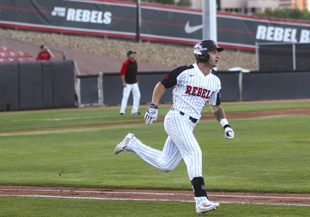 UNLV infielder Kyle Isbel (5) rounds the bases on a home run during a baseball game against New Mexico at Wilson Stadium in Las Vegas on Friday, March 24, 2017. (Chase Stevens/Las Vegas Review-Jou ...