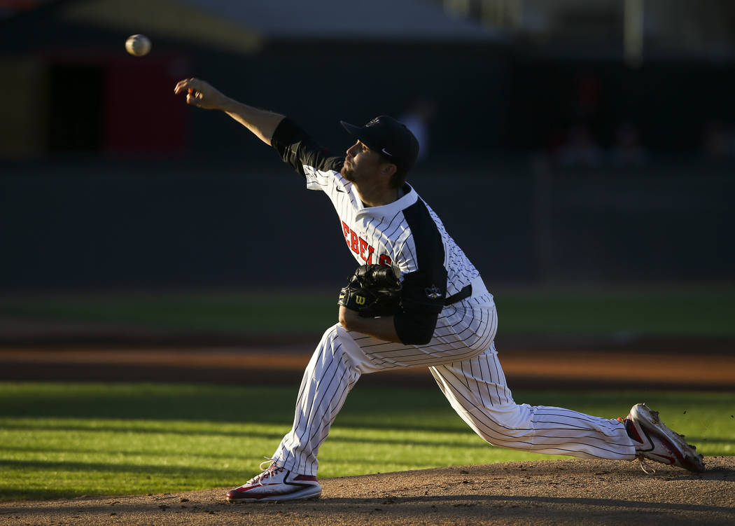 UNLV's Alan Strong (16) pitches to New Mexico during a baseball game at Wilson Stadium in Las Vegas on Friday, March 24, 2017. (Chase Stevens/Las Vegas Review-Journal) @csstevensphoto