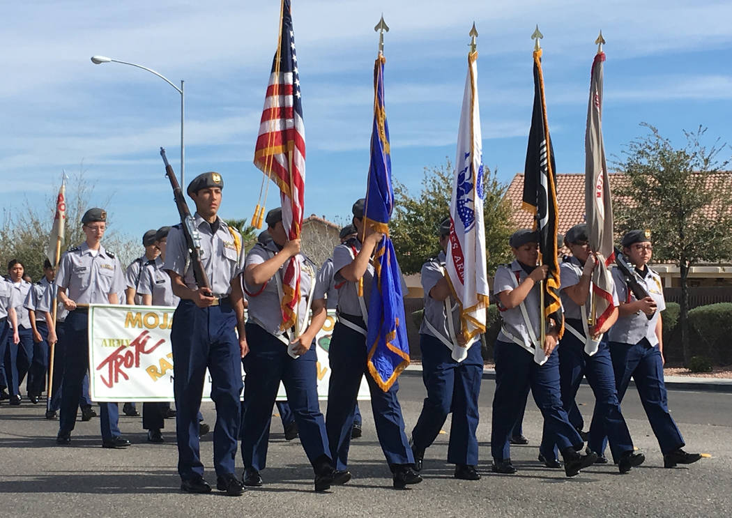 Mojave High School JORTC's Rattle Battalion participates in a parade in memory of North Las Vegas fallen officer Raul P. Elizondo in North Las Vegas, Wednesday, March 8, 2017. Officer Elizondo was ...