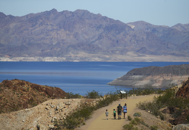 Patrick and Angel Starr of Las Vegas hike with their children along the Historic Railroad Trail at Lake Mead National Recreation Area on Tuesday, Feb. 14, 2017. (Chase Stevens/Las Vegas Review-Jou ...