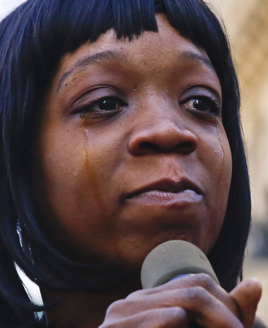 Shianne Norman, a Bronx mother who became an anti-gun activist following the death of her son from a stray bullet, speaks in tears as she address thousands at the International Women's Day rally,  ...