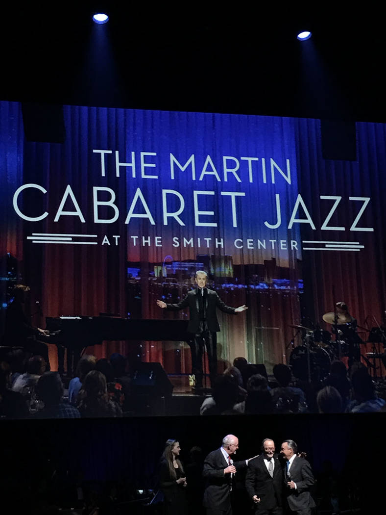 Molly Martin, Dr. Keith Boman, Myron Martin and Don Snyder are shown at Reynolds Hall at the Smith Center as the new name of Cabaret Jazz is announced. (John Katsilometes/Las Vegas Review-Journal)