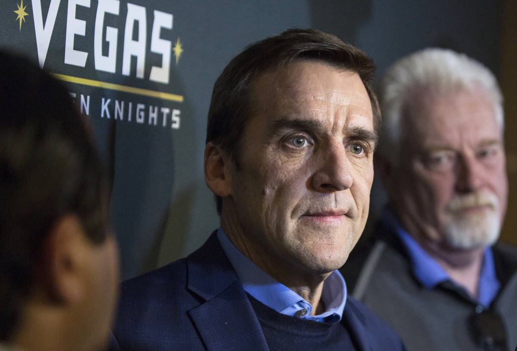 Vegas Golden Knights General Manager George McPhee address the media during a press conference on Wednesday, March, 1, 2017, at the team office, in Las Vegas. (Benjamin Hager/Review-Journal) @benj ...