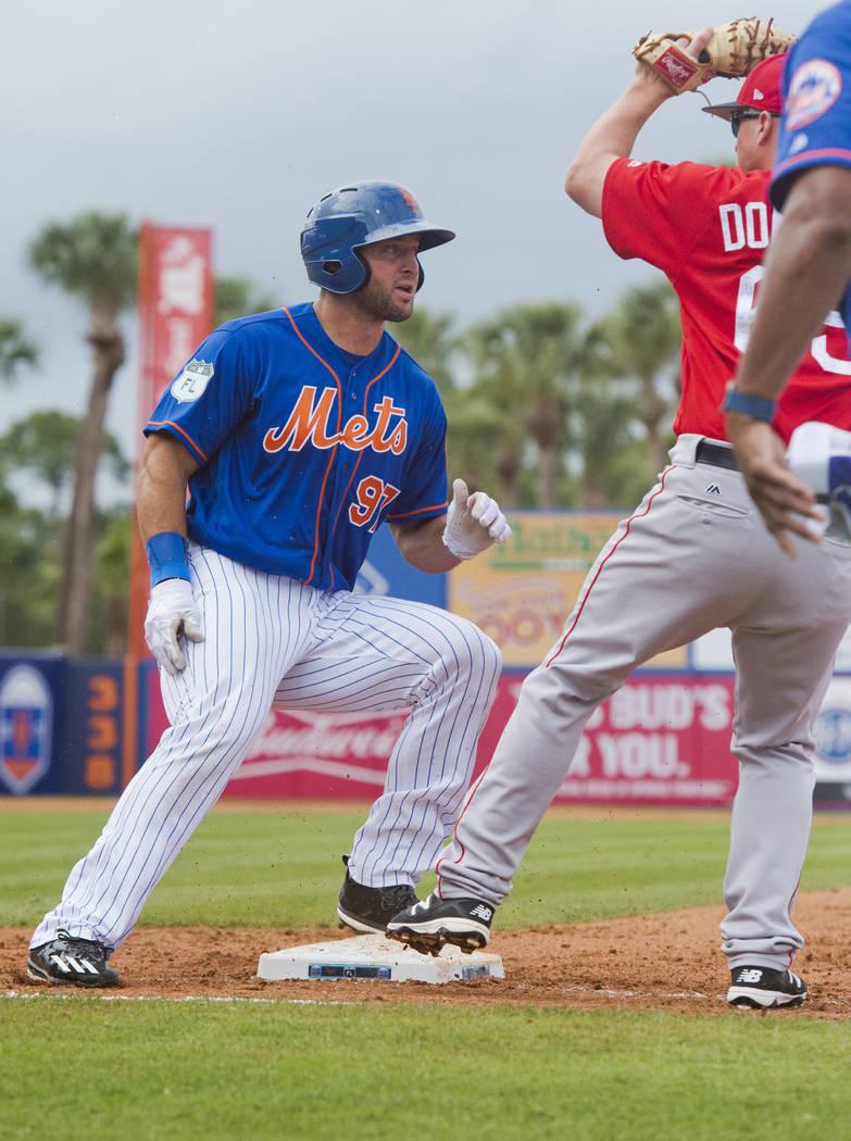Tim Tebow doubled off first base after a line drive during a spring training baseball game against the Boston Red Sox in the sixth inning on Wednesday, March 8, 2017, at First Data Field in Port S ...
