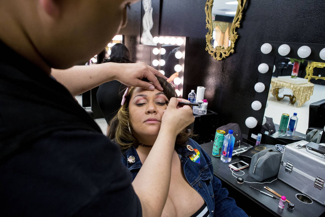 Babydoll Beauty Couture head makeup artist Rudy Gamponia works on model Jessica Talamantes at the new salon catering to plus-sized women located on North Decatur Blvd. and West Lake Mead Blvd., La ...