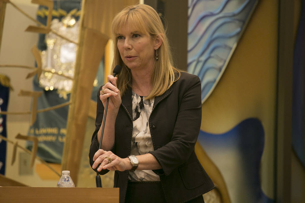 Christina Roush, Las Vegas City councilwoman candidate to represent Ward 2, gives her introduction at Temple Sinai Tuesday, March 14, 2017, in Las Vegas. Three candidates seek to represent Ward 2, ...