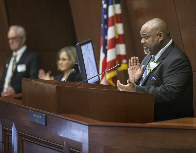 Assembly Speaker Jason Frierson, right, gives a round of applause to the family members of fellow assemblymen in attendance during the first day of the Nevada Legislative session on Monday, Feb. 6 ...