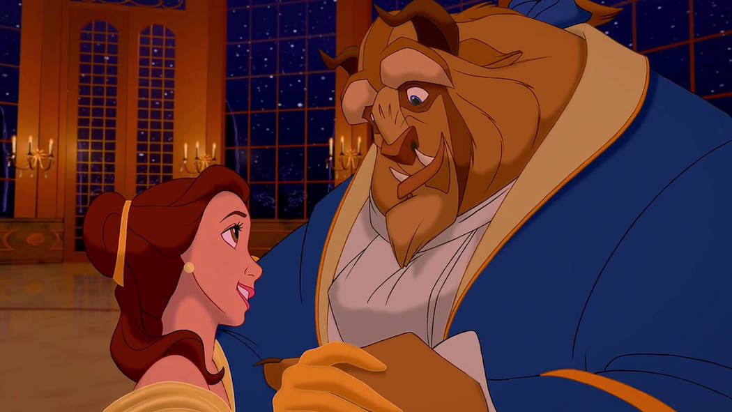 Belle and the Beast dance in the iconic ballroom scene in Disney's animated musical "Beauty and the Beast" (1991).