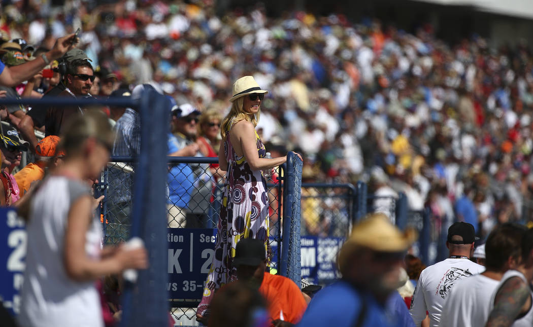 Fans take in the action during the Monster Energy NASCAR Cup Series Kobalt 400 auto race at Las Vegas Motor Speedway in Las Vegas on Sunday, March 12, 2017. (Chase Stevens/Las Vegas Review-Journal ...