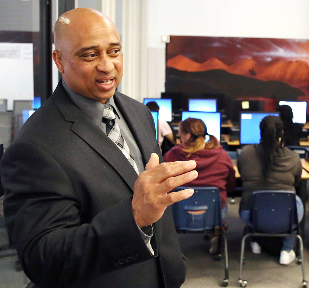 Chaparral High School principal Lolo James, who's receiving an award from Communities in Schools for his work preventing kids from dropping, speaks during an interview Wednesday, March 15, 2017, i ...