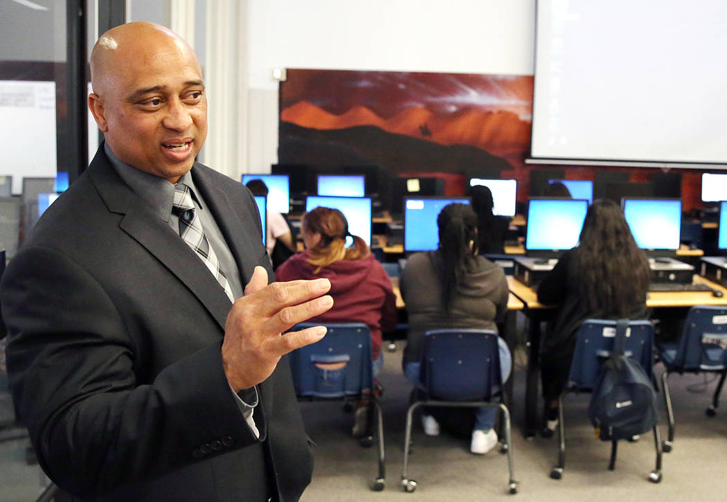 Chaparral High School principal Lolo James, who's receiving an award from Communities in Schools for his work preventing kids from dropping, speaks during an interview Wednesday, March 15, 2017, i ...