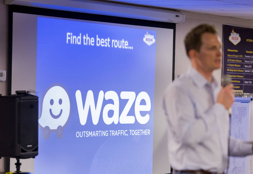 Dale Keller, Nevada Department of Transportation senior project manager, encourages drivers to use Waze, a free GPS navigation app, for routes during the large-scale construction project, the &#x2 ...