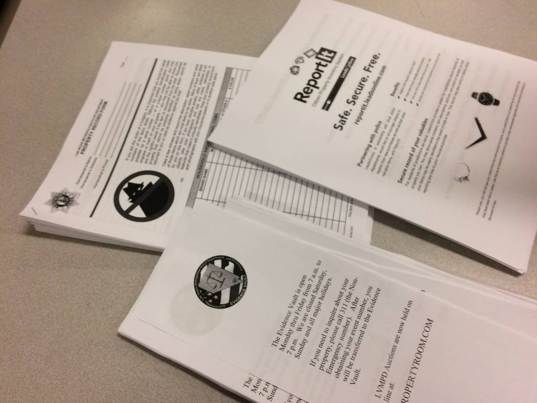 Fliers handed out at Northwest Area Command, 9850 W. Cheyenne Ave., are seen March 1. They help homeowners document their valuables. Metro’s area commands host First Tuesdays each month covering ...
