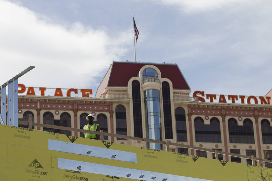 A worker stands on the roof of a building currently under construction at Palace Station hotel-casino on Wednesday, March 15, 2017, in Las Vegas. (Erik Verduzco/Las Vegas Review-Journal) @Erik_Ver ...