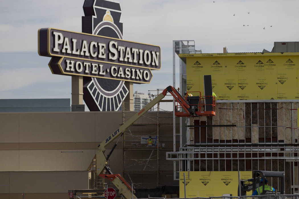 Workers on the side of a building currently under construction at Palace Station hotel-casino on Wednesday, March 15, 2017, in Las Vegas. (Erik Verduzco/Las Vegas Review-Journal) @Erik_Verduzco