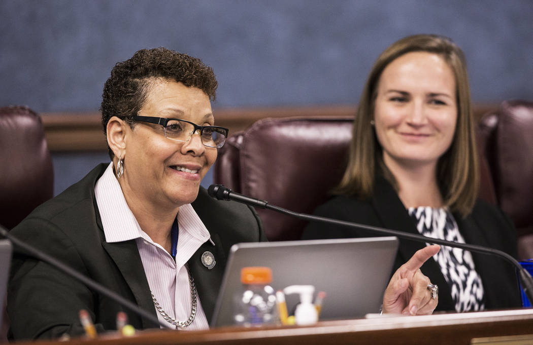 Sen. Pat Spearman, D-North Las Vegas, left, addresses attendees at a Senate Health and Human Services committee meeting at the Nevada Legislative session on Wednesday, Feb. 8, 2017, at the Legisl ...