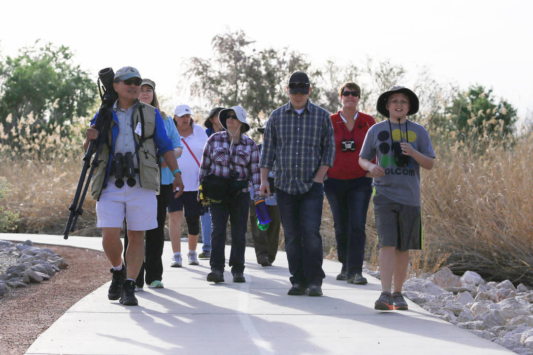 Doug Chang, left, president of the Red Rock Audubon society, leads a guided bird watching walk at Clark County Wetlands Park in Las Vegas on International Migratory Bird Day, Saturday, March 18, 2 ...