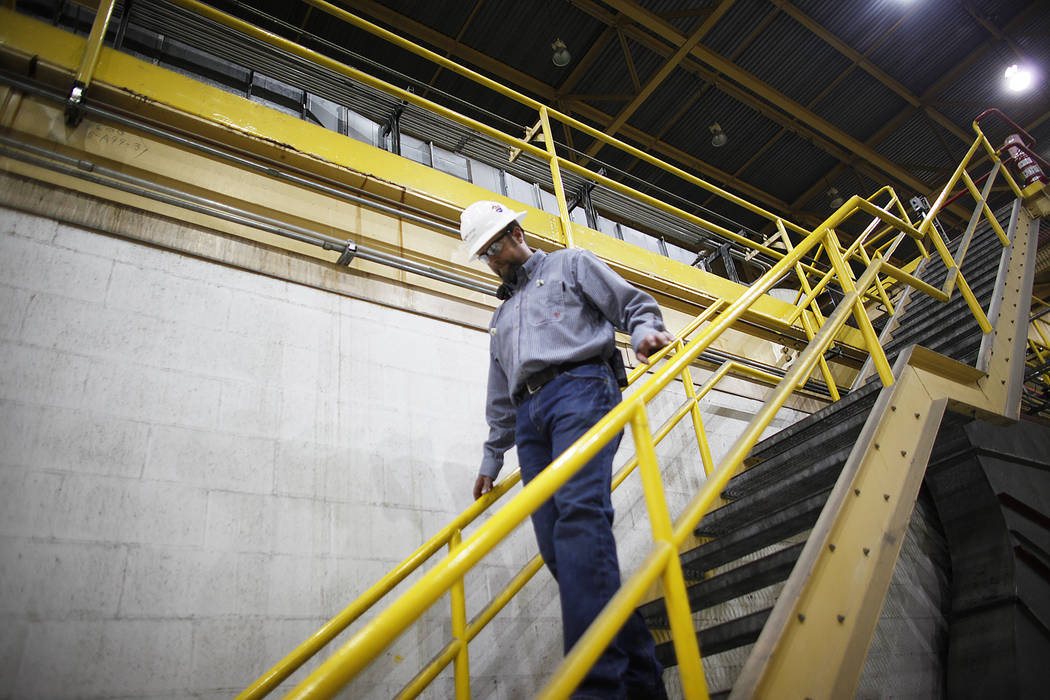 Plant Director Jason Hammons walks down the stairs at the turbine room at the Reid Gardner Generating Station on Thursday, March 16, 2017, in Moapa, Nev. (Rachel Aston/Las Vegas Review-Journal) @r ...