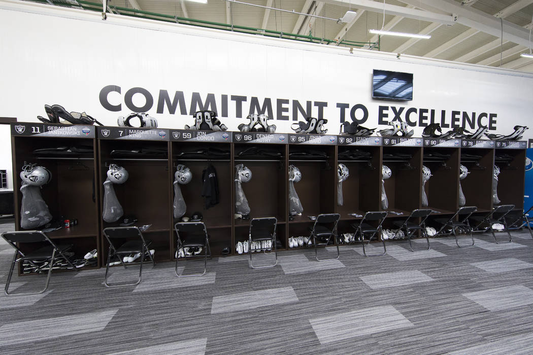 View of Oakland Raiders locker room with &quot;Commitment to Excellence&quot; before an NFL International Series game against the Houston Texans on Monday, Nov. 21, 2016 in Mexico City. (R ...