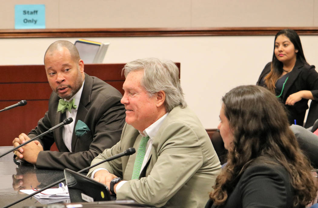 Sen. Majority Leader Aaron Ford, D-Las Vegas, left, tells Senate Government Affairs that he likes SB174, which would rename McCarran International Airport after retired-Sen. Harry Reid, March 17,  ...