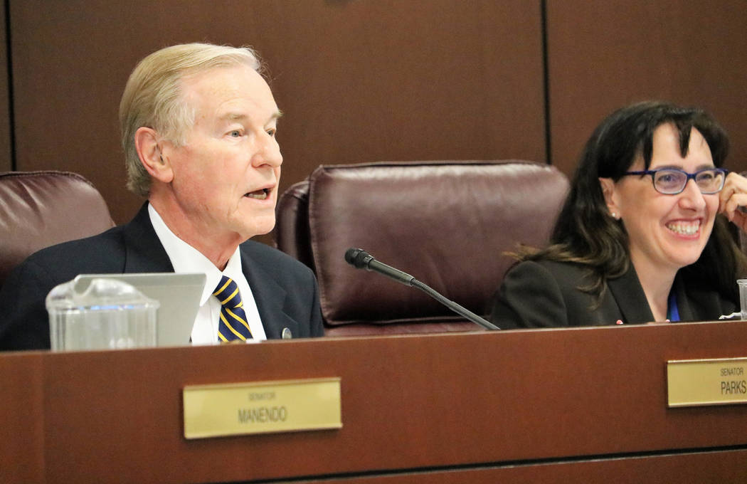 Senate Government Affairs chair David Parks, D-Las Vegas, opens the hearing on SB174, which would rename McCarran International Airport after retired-Sen. Harry Reid, March 17, 2017, in Carson Cit ...