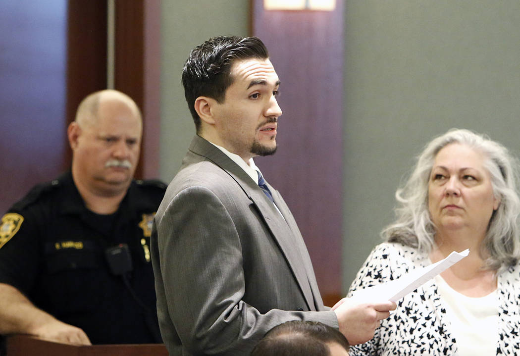 Javier Righetti reads his statement to jurors at the Regional Justice Center on Tuesday, March 21, 2017, as defense attorney Christy Craig looks on. (Bizuayehu Tesfaye/Las Vegas Review-Journal) @b ...
