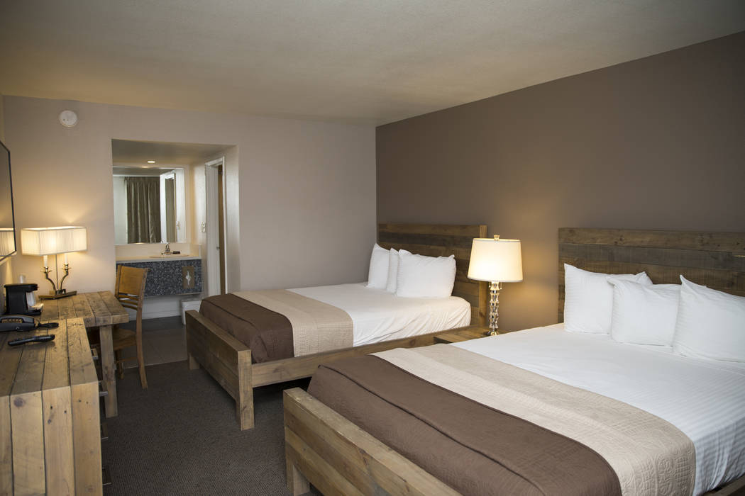A Thunderbird Hotel room with two queen beds on Wednesday, March 22, 2017, in Las Vegas. (Erik Verduzco/Las Vegas Review-Journal) @Erik_Verduzco