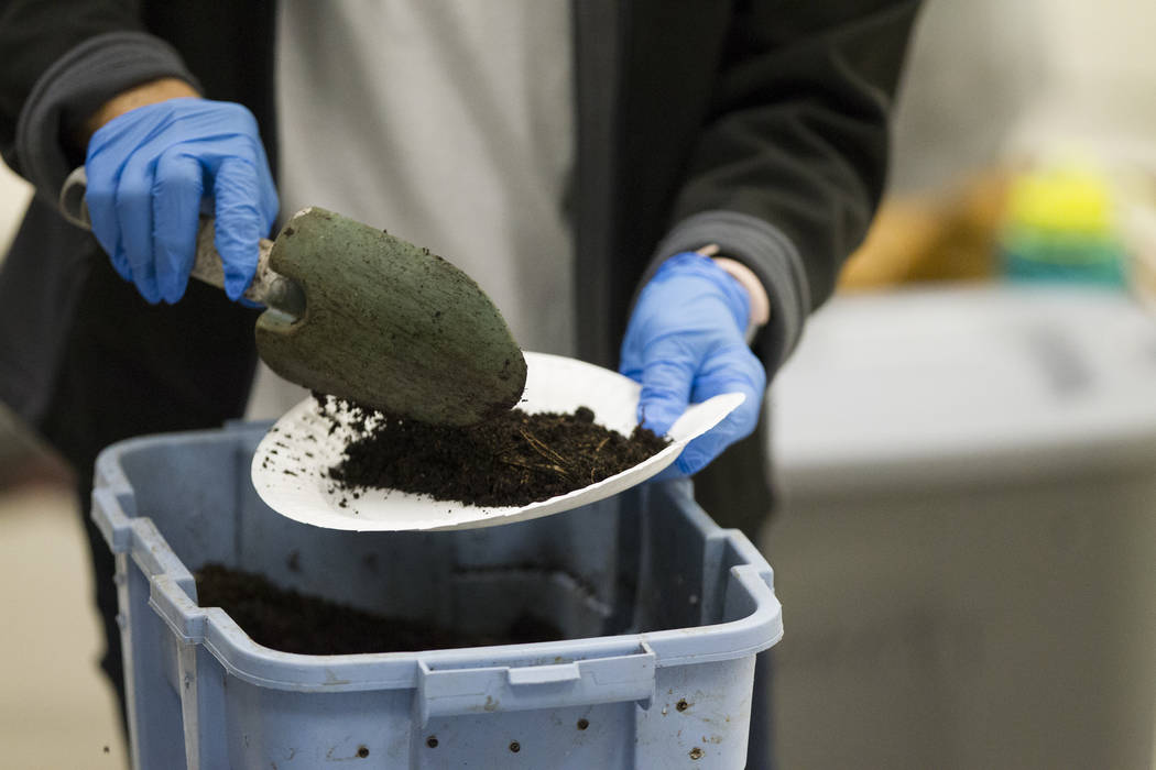 Bev Patton, program manager for Green Our Planet, handles compost during a worm composting class for local teachers at Lake Elementary School on Saturday, March 25, 2017, in Las Vegas. (Erik Verdu ...