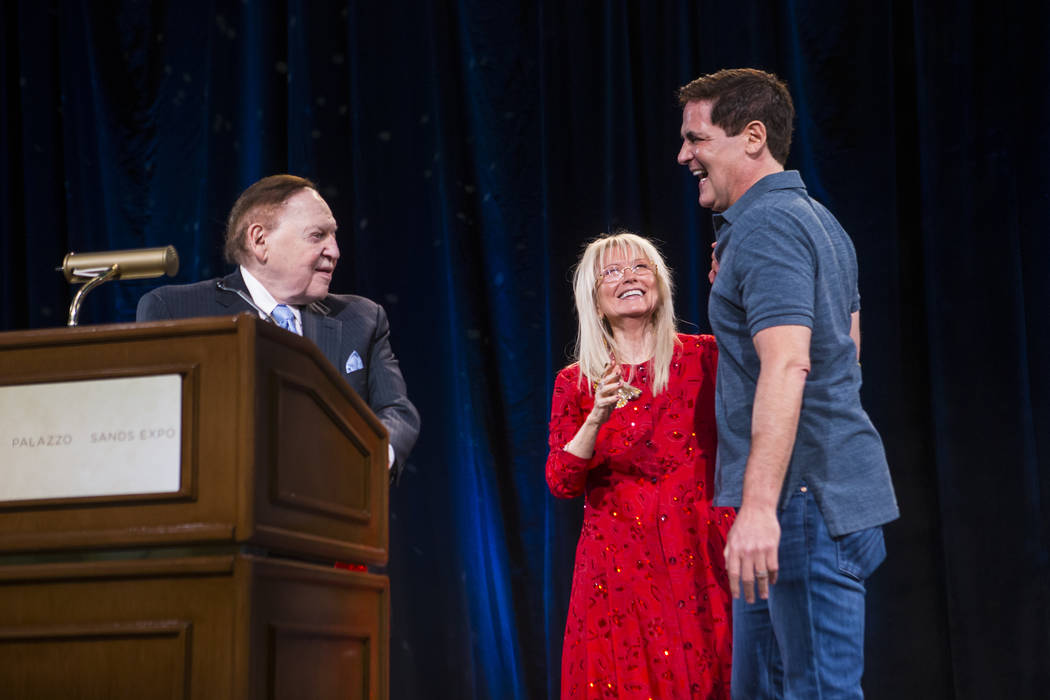 Entrepreneur Mark Cuban, right, is introduced to the stage by Dr. Miriam Adelson and Las Vegas Sands Corp. Chairman and CEO Sheldon Adelson during the Adelson Educational Campus' 13th annual In Pu ...