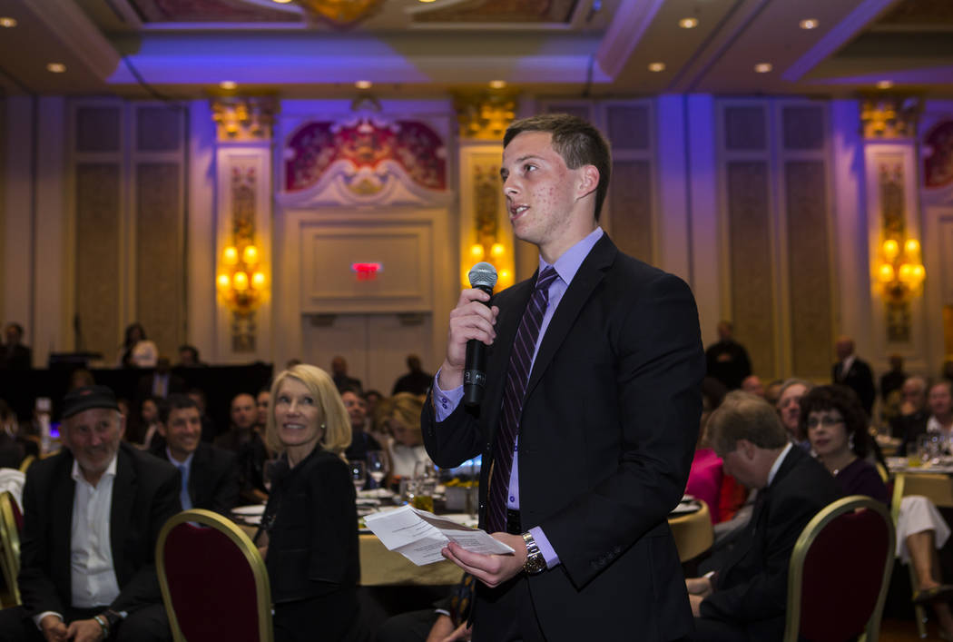 Adelson Education Campus senior Justin Kalb poses a question to entrepreneur Mark Cuban, not pictured, during the Adelson Educational Campus' 13th annual In Pursuit of Excellence Gala at The Venet ...