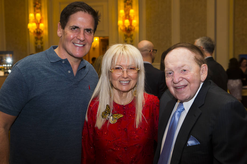 Entrepreneur Mark Cuban, left, poses with Dr. Miriam Adelson and Las Vegas Sands Corp. Chairman and CEO Sheldon Adelson during the Adelson Educational Campus' 13th annual In Pursuit of Excellence ...