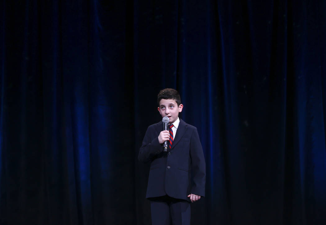 Addison Educational Campus fifth grader Riley Bello sings the national anthem during the Adelson Educational Campus' 13th annual In Pursuit of Excellence Gala at The Venetian hotel-casino in Las V ...