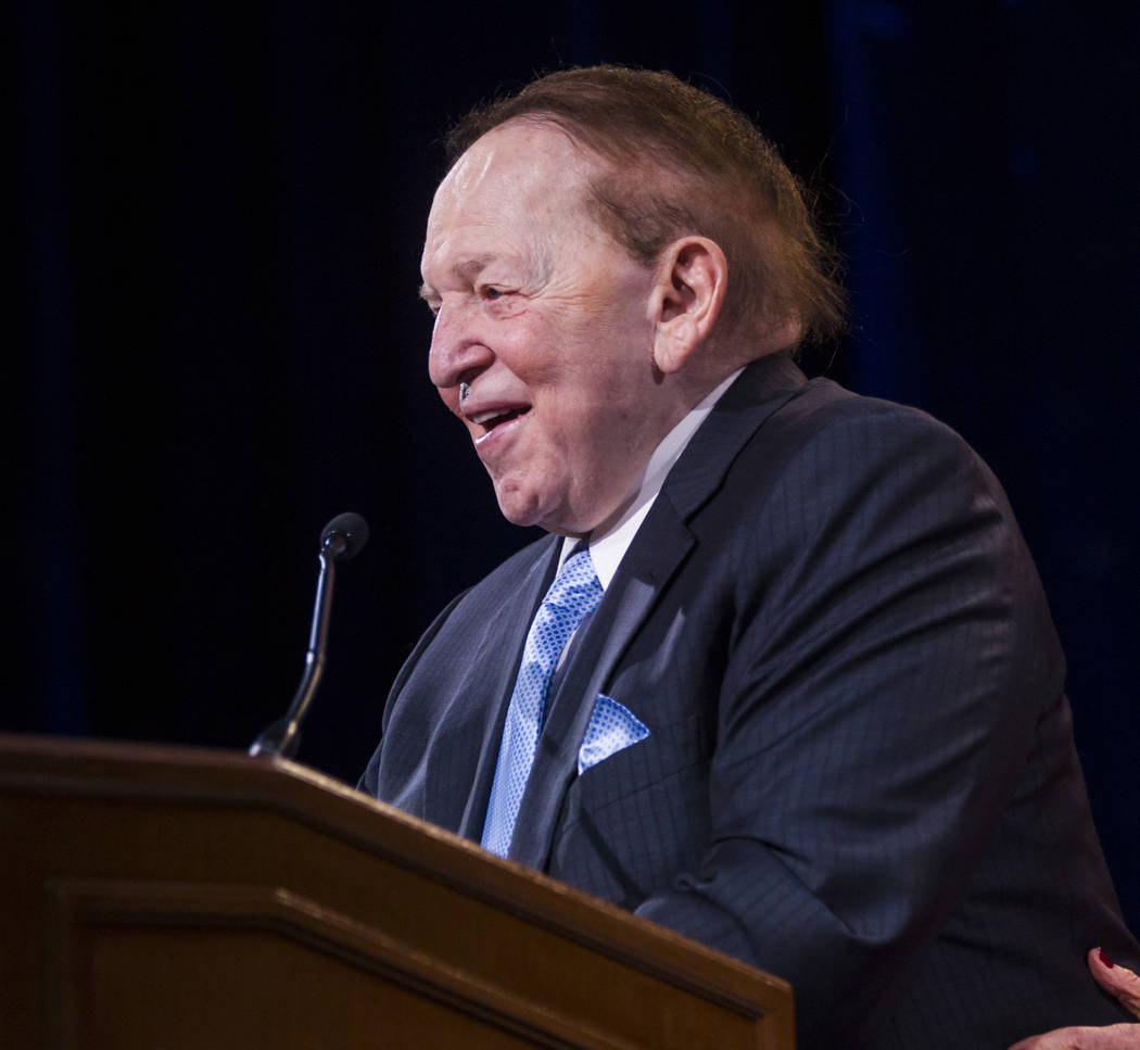 Las Vegas Sands Corp. Chairman and CEO Sheldon Adelson speaks during the Adelson Educational Campus' 13th annual In Pursuit of Excellence Gala at The Venetian hotel-casino in Las Vegas on Sunday,  ...