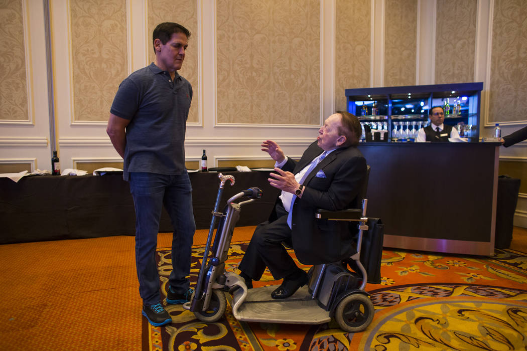 Entrepreneur Mark Cuban, left, talks with Las Vegas Sands Corp. Chairman and CEO Sheldon Adelson before attending the Adelson Educational Campus' 13th annual In Pursuit of Excellence Gala at The V ...